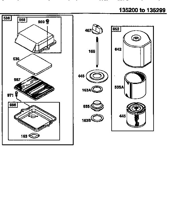 Air Cleaner Assembly Diagram and Parts List for 135200-135299 0001-0013 Briggs and Stratton Engine